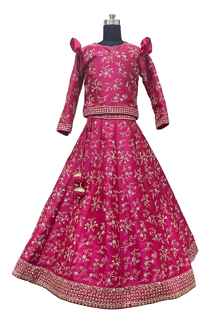 Hot Pink Raw Silk Floral Motifs Embroidered Lehenga Set For Girls by Alyaansh Couture at Pernia's Pop Up Shop