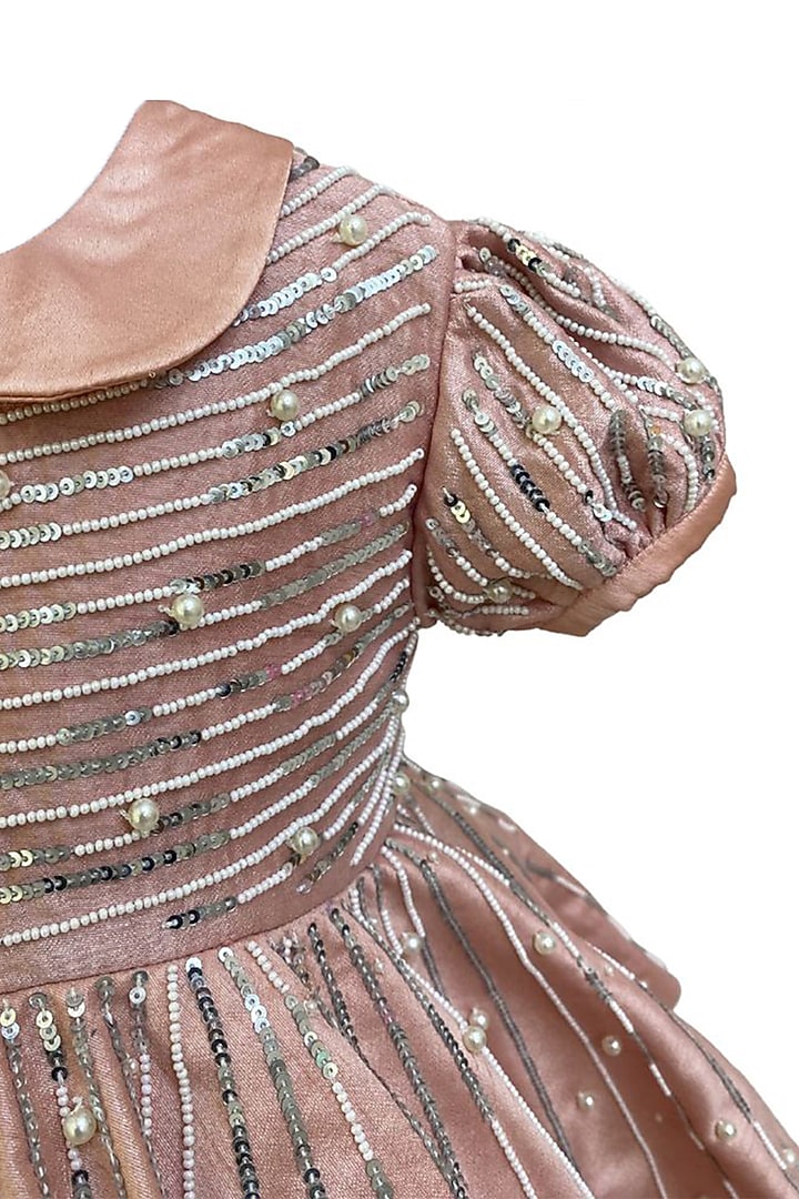 Pink Raw Silk Pearl Embellished Dress For Girls by Alyaansh Couture at Pernia's Pop Up Shop