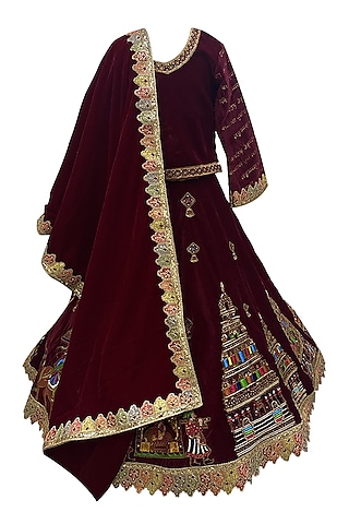Maroon Velvet Embroidered Lehenga Set For Girls by Alyaansh Couture