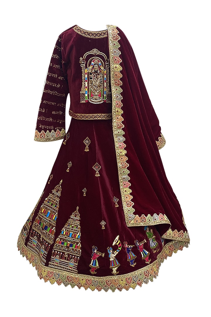 Maroon Velvet Embroidered Lehenga Set For Girls by Alyaansh Couture at Pernia's Pop Up Shop