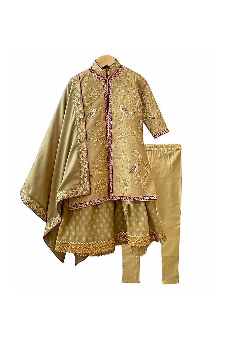 Olive Green Raw Silk Motif Embroidered Sherwani Set For Boys by Alyaansh Couture