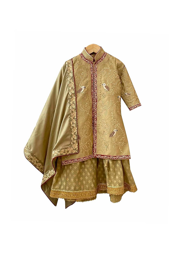Olive Green Raw Silk Motif Embroidered Sherwani Set For Boys by Alyaansh Couture at Pernia's Pop Up Shop