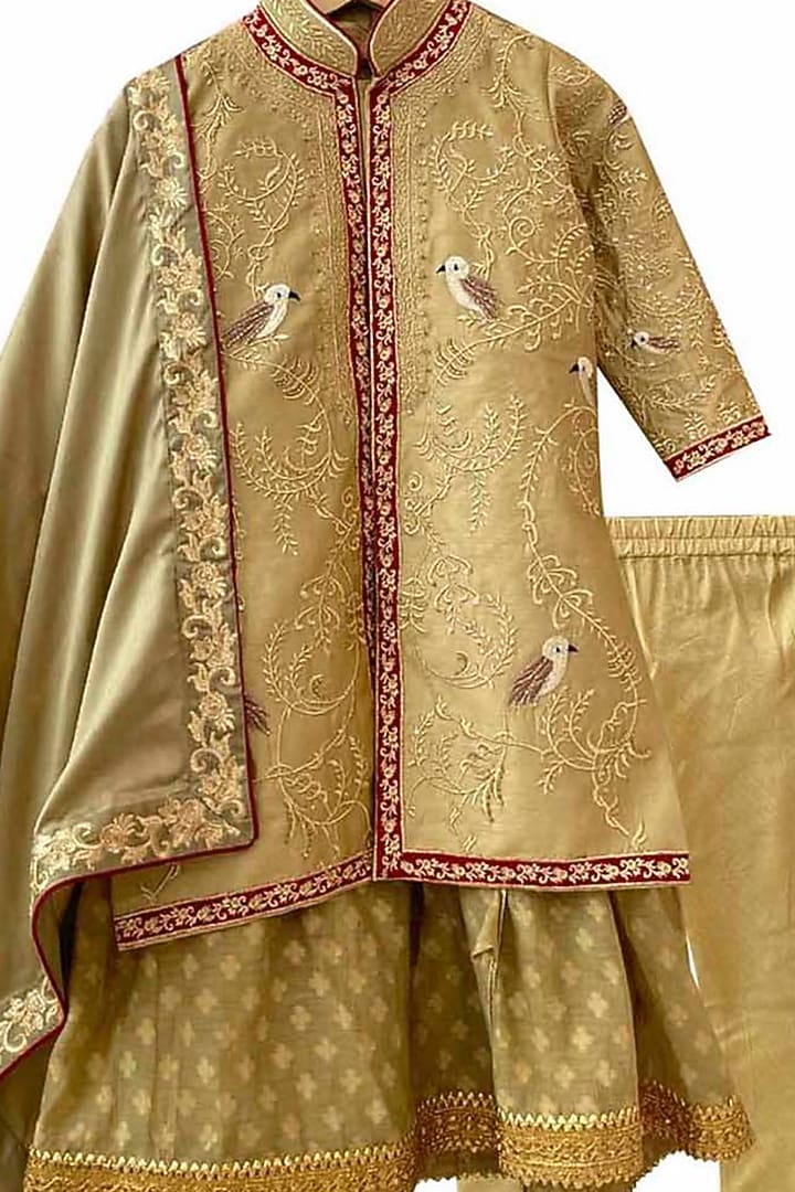 Olive Green Raw Silk Motif Embroidered Sherwani Set For Boys by Alyaansh Couture at Pernia's Pop Up Shop