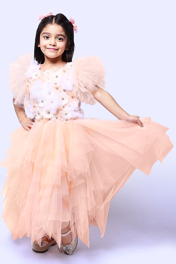 Pink Tulle Hand Embroidered Dress For Girls by Alyaansh Couture