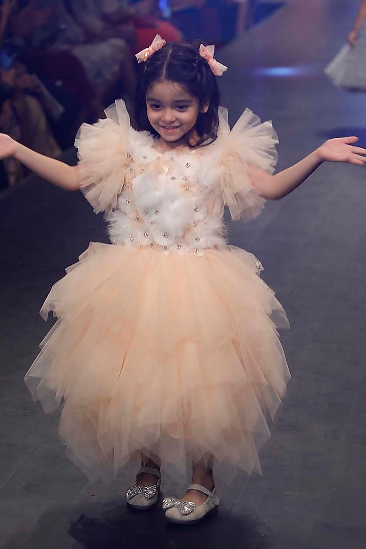 Pink Tulle Hand Embroidered Dress For Girls by Alyaansh Couture at Pernia's Pop Up Shop