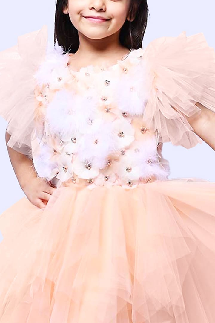 Pink Tulle Hand Embroidered Dress For Girls by Alyaansh Couture at Pernia's Pop Up Shop