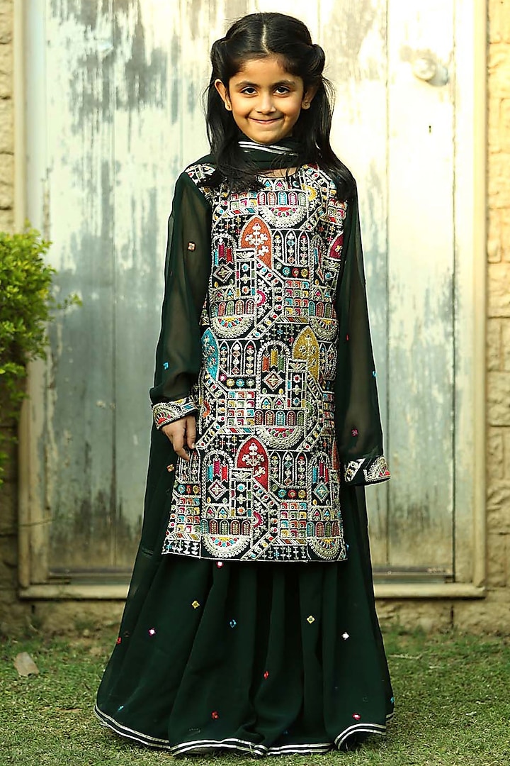 Bottle Green Georgette Flared Sharara Set for Girls by Alyaansh Couture at Pernia's Pop Up Shop