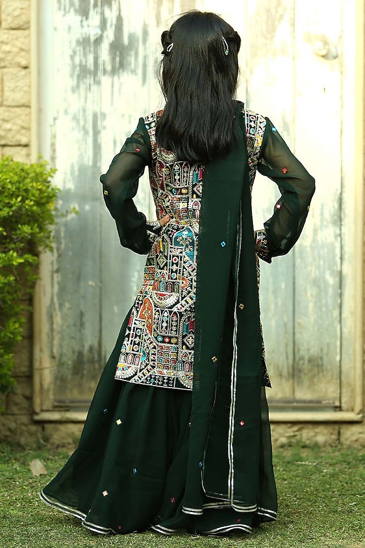 Bottle Green Georgette Flared Sharara Set for Girls by Alyaansh Couture at Pernia's Pop Up Shop