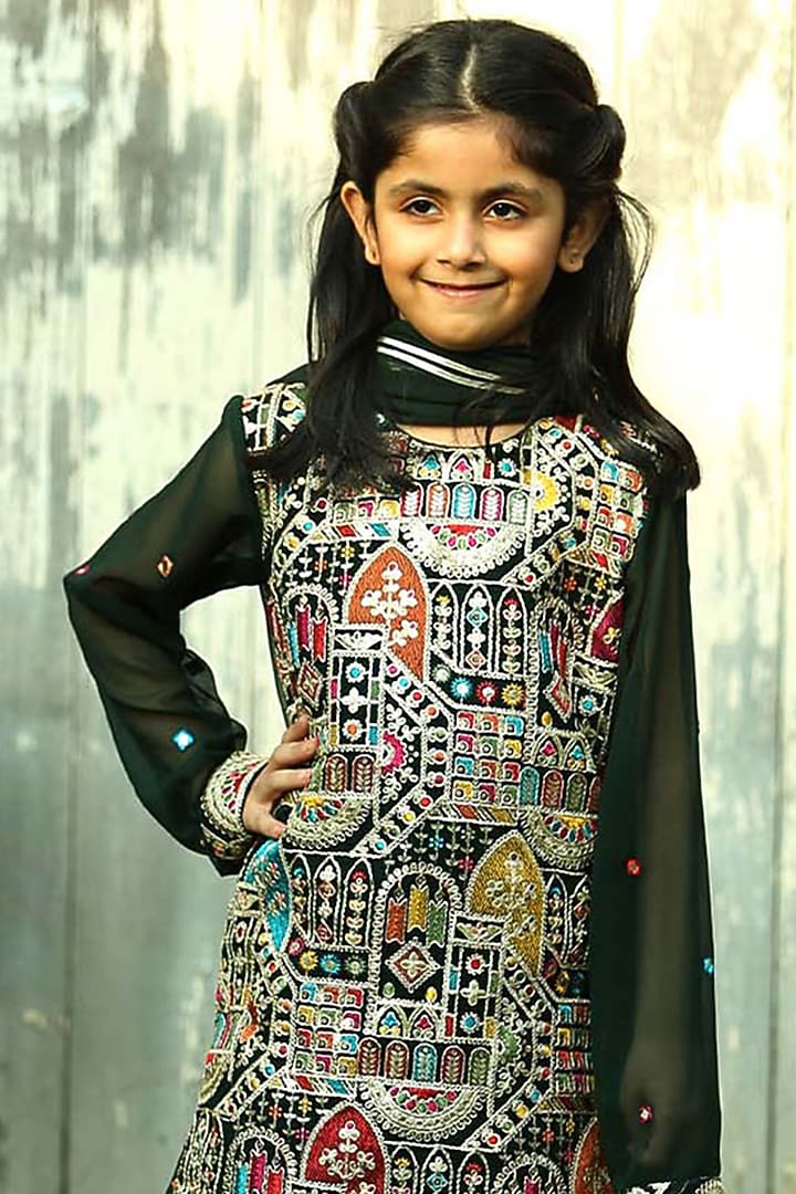Bottle Green Georgette Flared Sharara Set for Girls by Alyaansh Couture at Pernia's Pop Up Shop