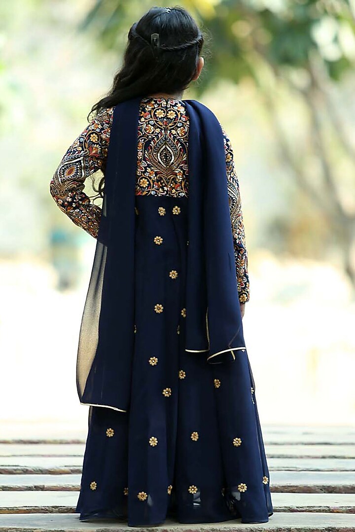 Blue Georgette Thread & Sequins Embroidered Anarkali Set For Girls by Alyaansh Couture at Pernia's Pop Up Shop