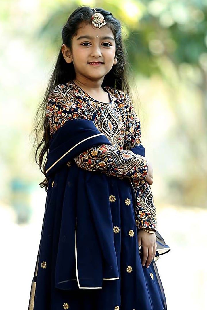 Blue Georgette Thread & Sequins Embroidered Anarkali Set For Girls by Alyaansh Couture at Pernia's Pop Up Shop