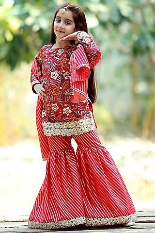 Red Cotton Printed Sharara Set For Girls by Alyaansh Couture