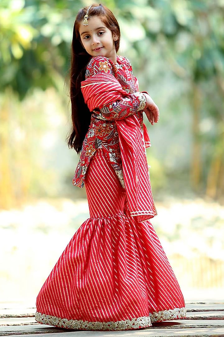 Red Cotton Printed Sharara Set For Girls by Alyaansh Couture at Pernia's Pop Up Shop