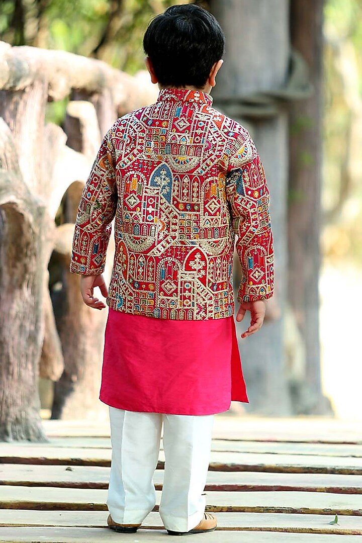 Fuchsia Pink Georgette Floral Thread Work Bundi Jacket Set For Boys by Alyaansh Couture at Pernia's Pop Up Shop
