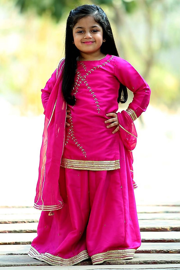 Fuchsia Pink Silk Sharara Set For Girls by Alyaansh Couture at Pernia's Pop Up Shop