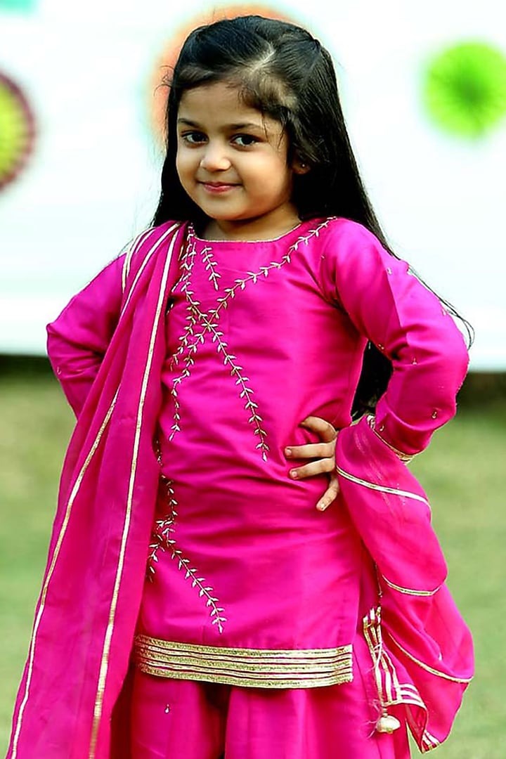 Fuchsia Pink Silk Sharara Set For Girls by Alyaansh Couture at Pernia's Pop Up Shop