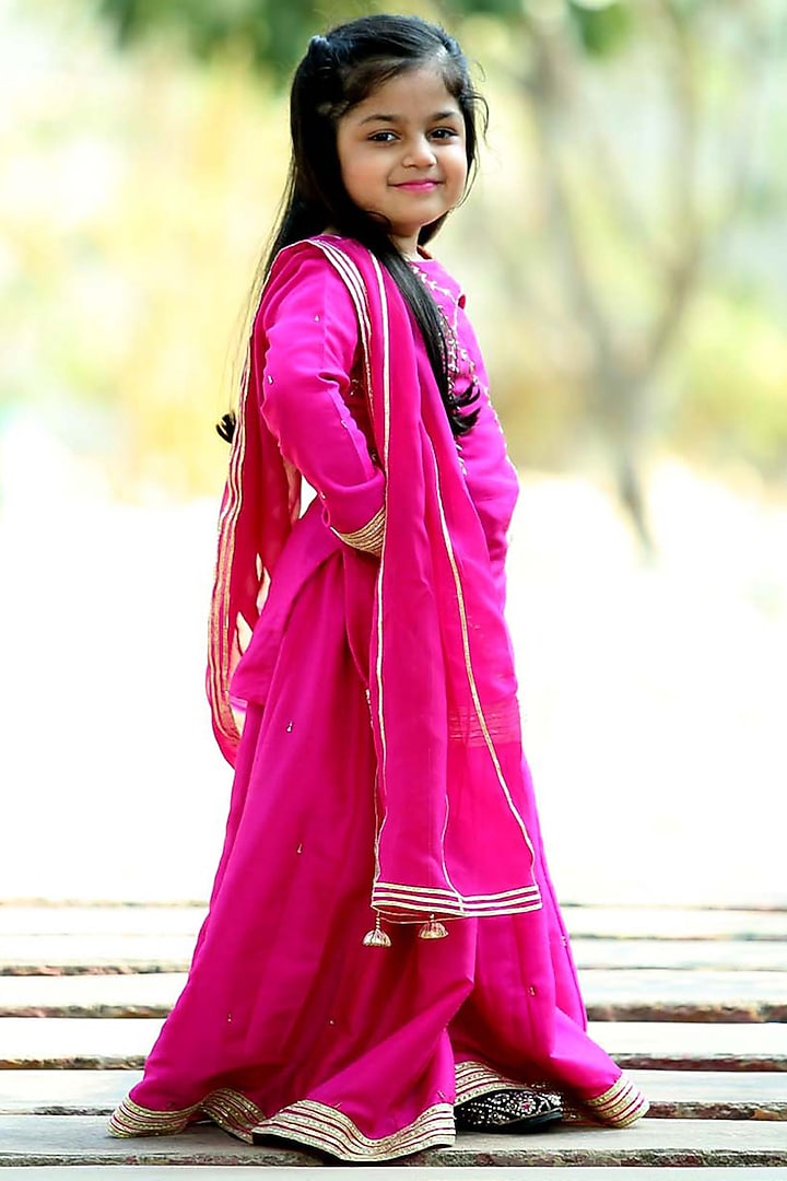 Fuchsia Pink Silk Sharara Set For Girls by Alyaansh Couture at Pernia's Pop Up Shop