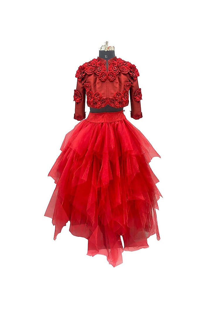 Red Tulle Asymmetric Skirt Set For Girls by Alyaansh Couture
