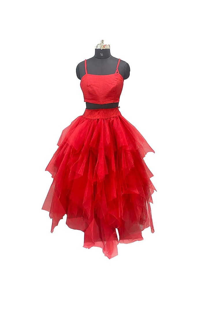 Red Tulle Asymmetric Skirt Set For Girls by Alyaansh Couture at Pernia's Pop Up Shop