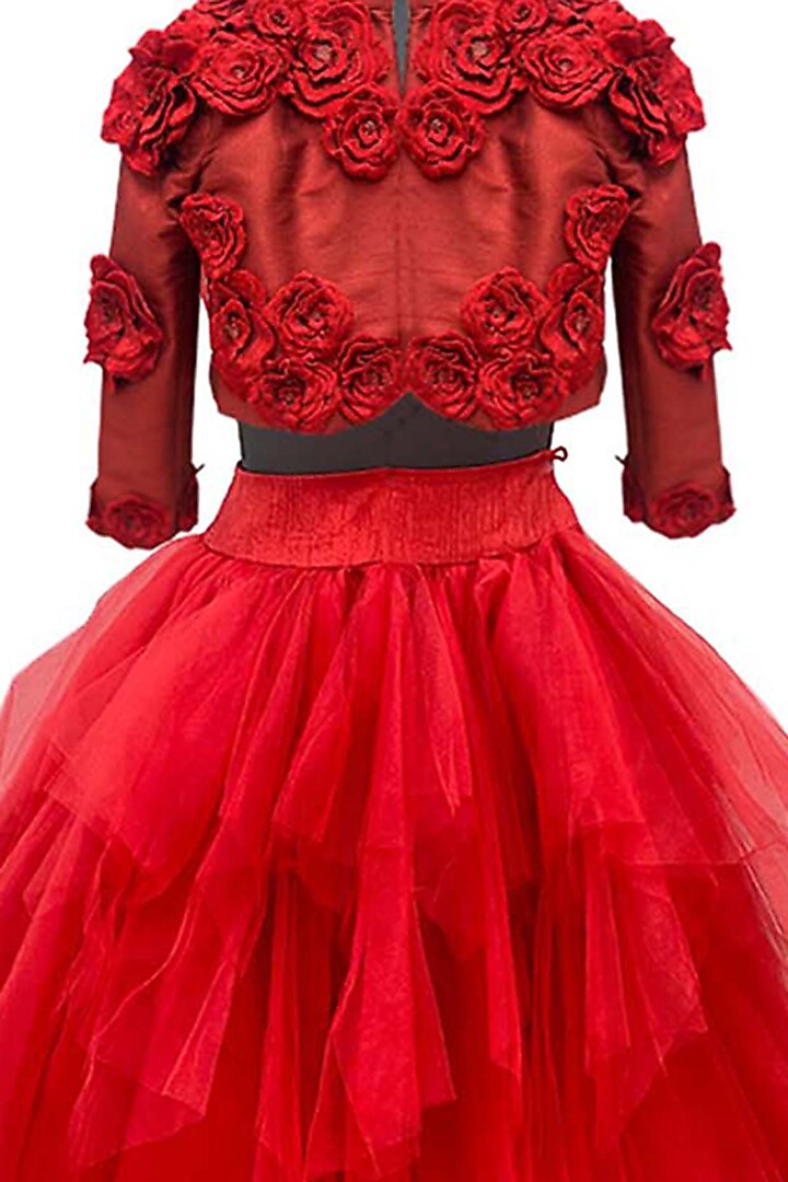 Red Tulle Asymmetric Skirt Set For Girls by Alyaansh Couture at Pernia's Pop Up Shop