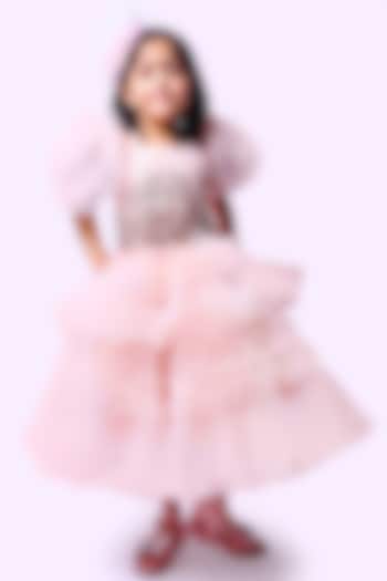 Pink Net & Tulle Ruffled Dress For Girls by Alyaansh Couture