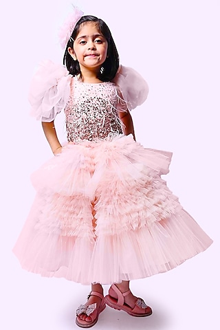 Pink Net & Tulle Ruffled Dress For Girls by Alyaansh Couture