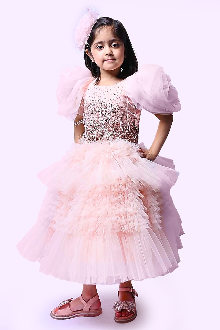 Pink Net & Tulle Ruffled Dress For Girls by Alyaansh Couture at Pernia's Pop Up Shop