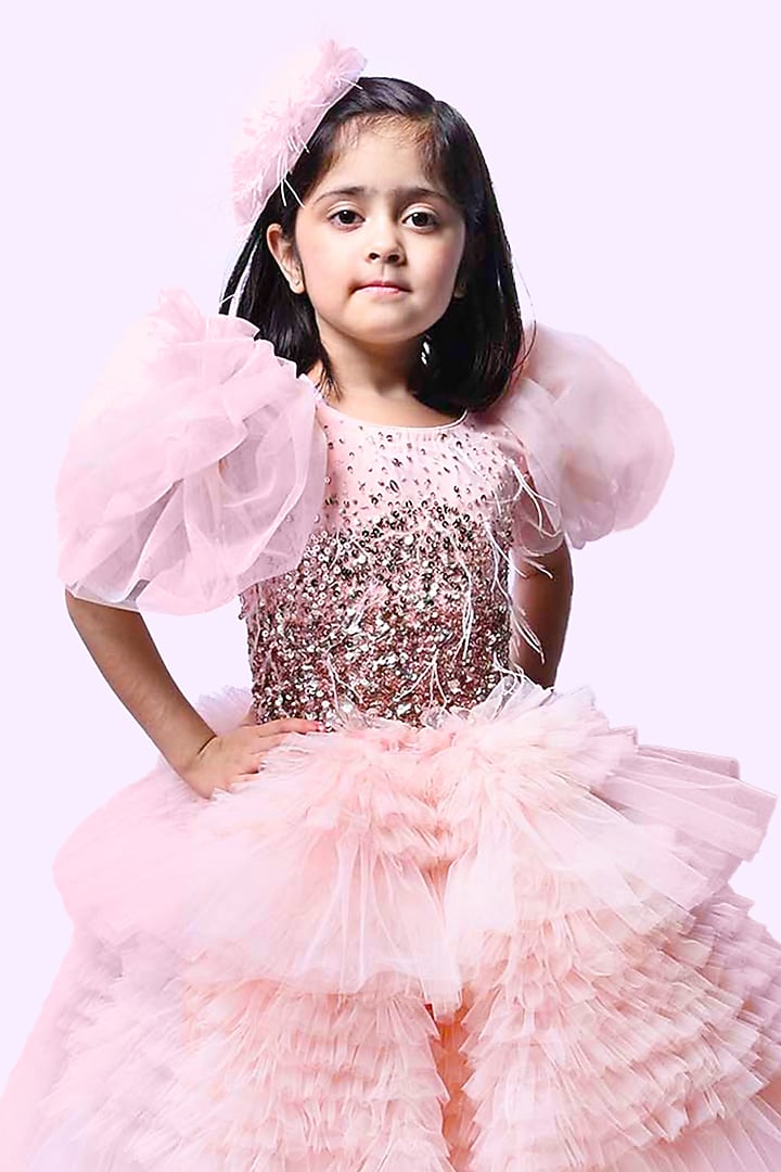Pink Net & Tulle Ruffled Dress For Girls by Alyaansh Couture at Pernia's Pop Up Shop