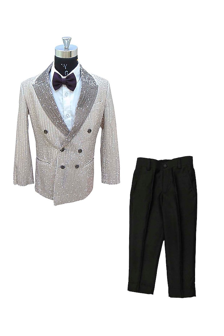 Grey Sequins Blazer Set For Boys by Alyaansh Couture