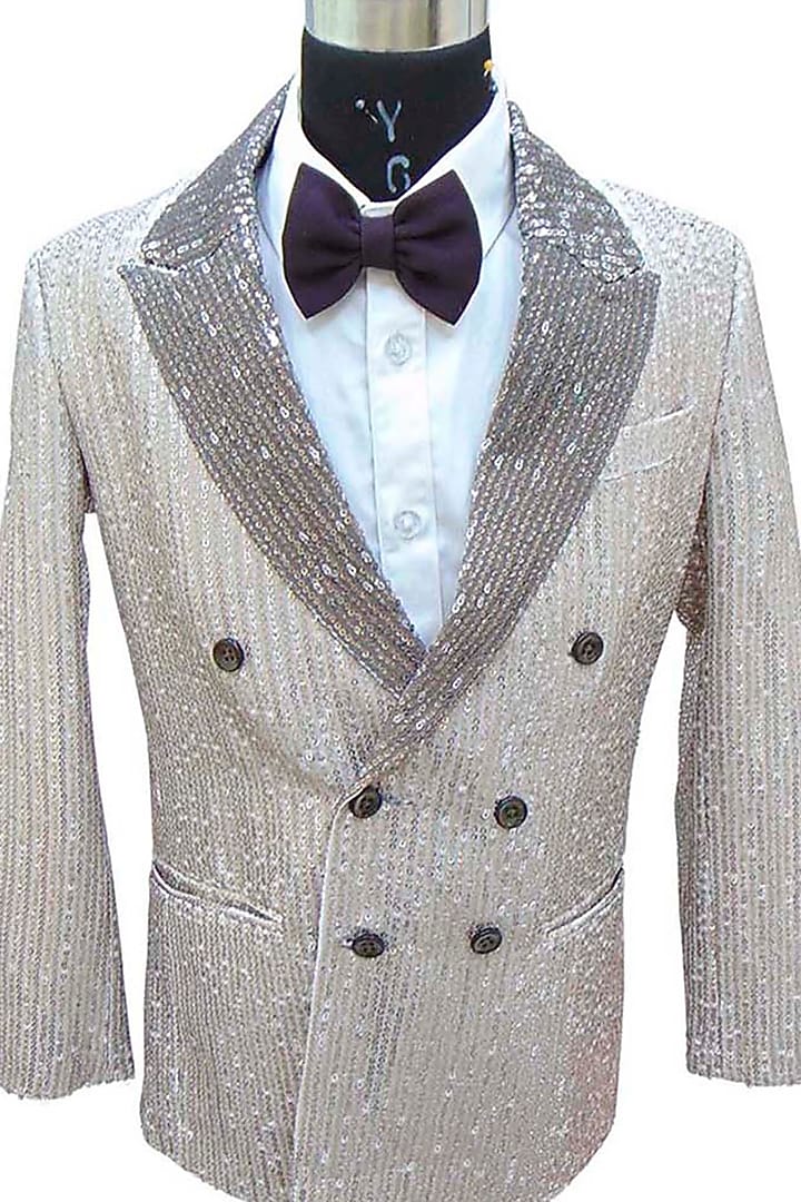 Grey Sequins Blazer Set For Boys by Alyaansh Couture at Pernia's Pop Up Shop