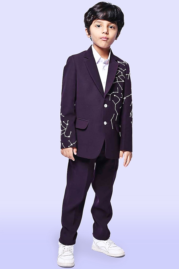 Wine Suiting Sequins Tuxedo Set For Boys by Alyaansh Couture at Pernia's Pop Up Shop