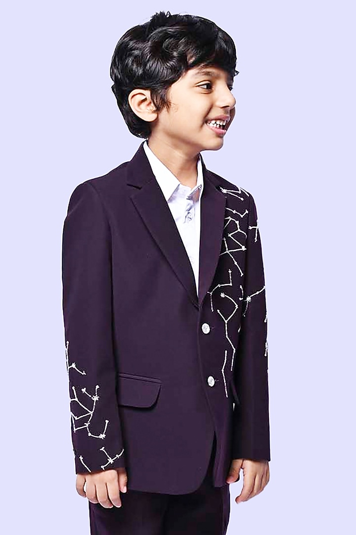Wine Suiting Sequins Tuxedo Set For Boys by Alyaansh Couture at Pernia's Pop Up Shop