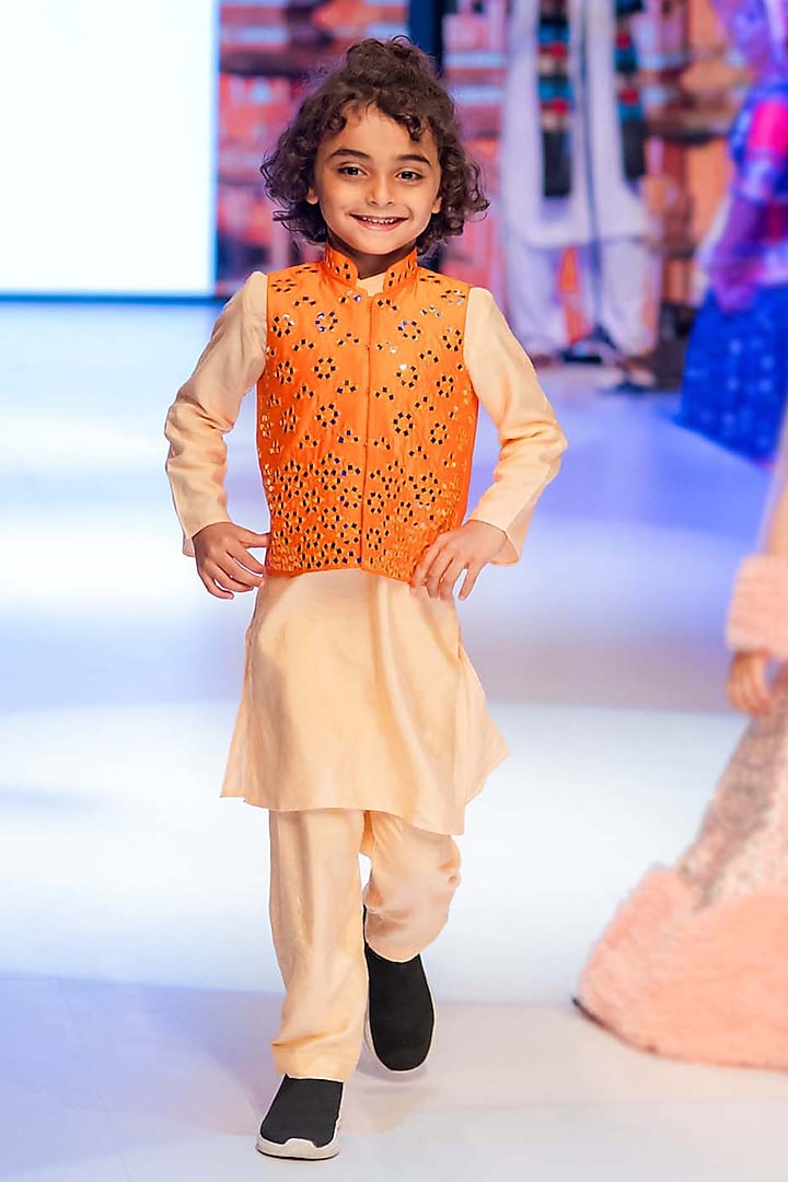 Orange Raw Silk Mirror Embroidered Waistcoat Set For Boys by Alyaansh Couture
