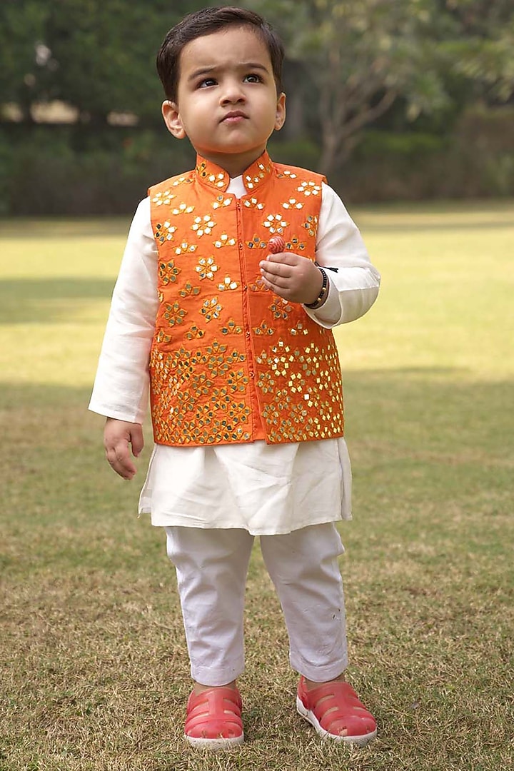 Orange Raw Silk Mirror Embroidered Waistcoat Set For Boys by Alyaansh Couture at Pernia's Pop Up Shop