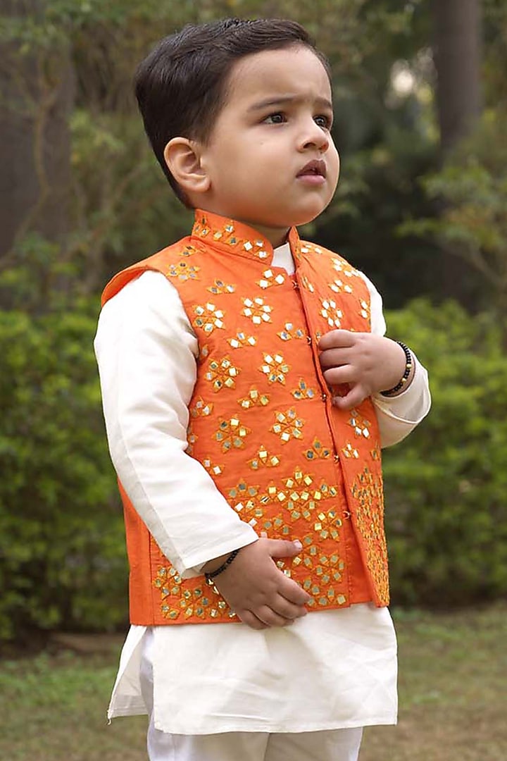 Orange Raw Silk Mirror Embroidered Waistcoat Set For Boys by Alyaansh Couture at Pernia's Pop Up Shop