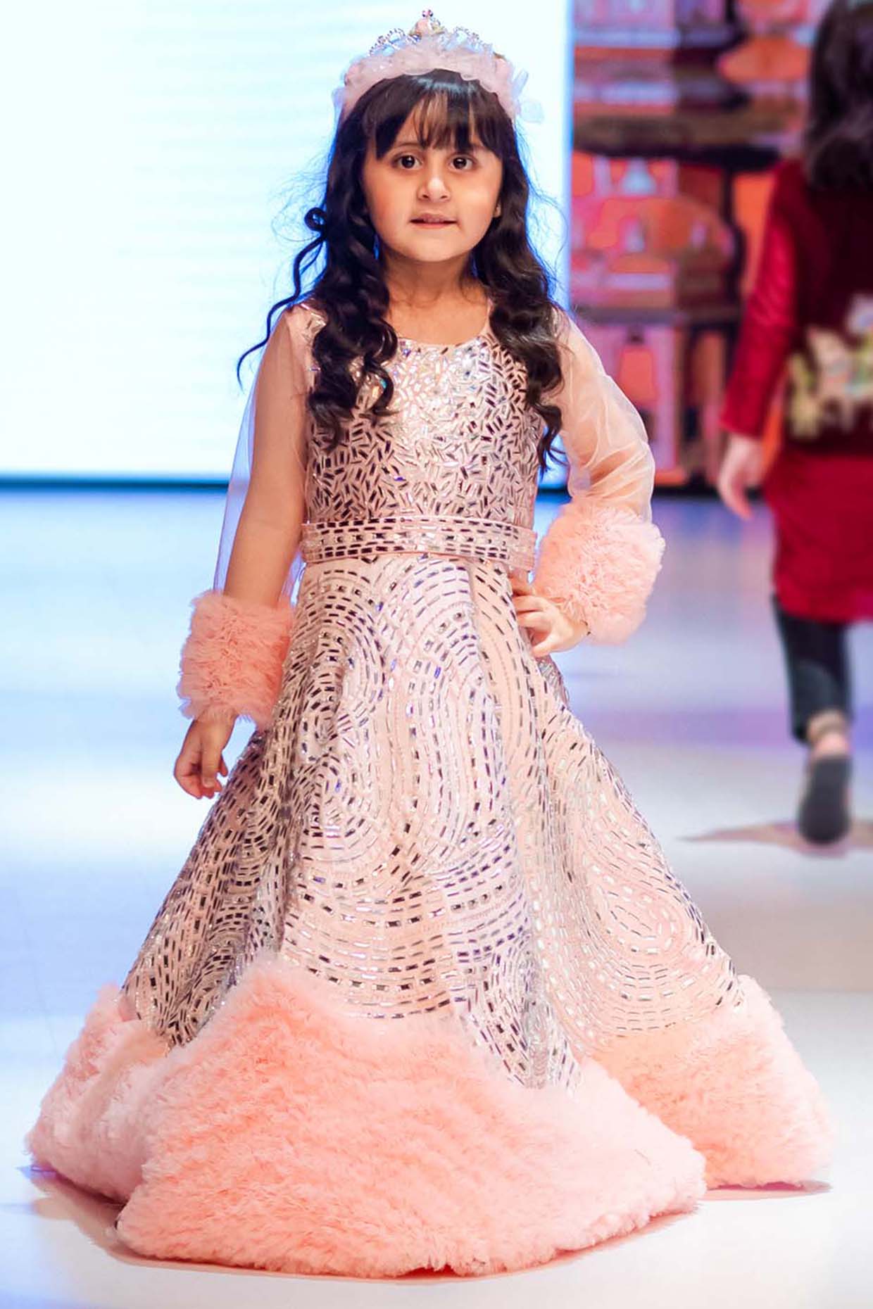 Pink Net Sequins & Crystal Embellished Gown For Girls by Alyaansh Couture at Pernia's Pop Up Shop