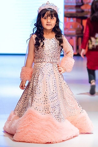 Pink Net Sequins & Crystal Embellished Gown For Girls by Alyaansh Couture