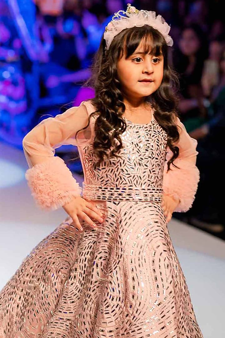 Pink Net Sequins & Crystal Embellished Gown For Girls by Alyaansh Couture at Pernia's Pop Up Shop