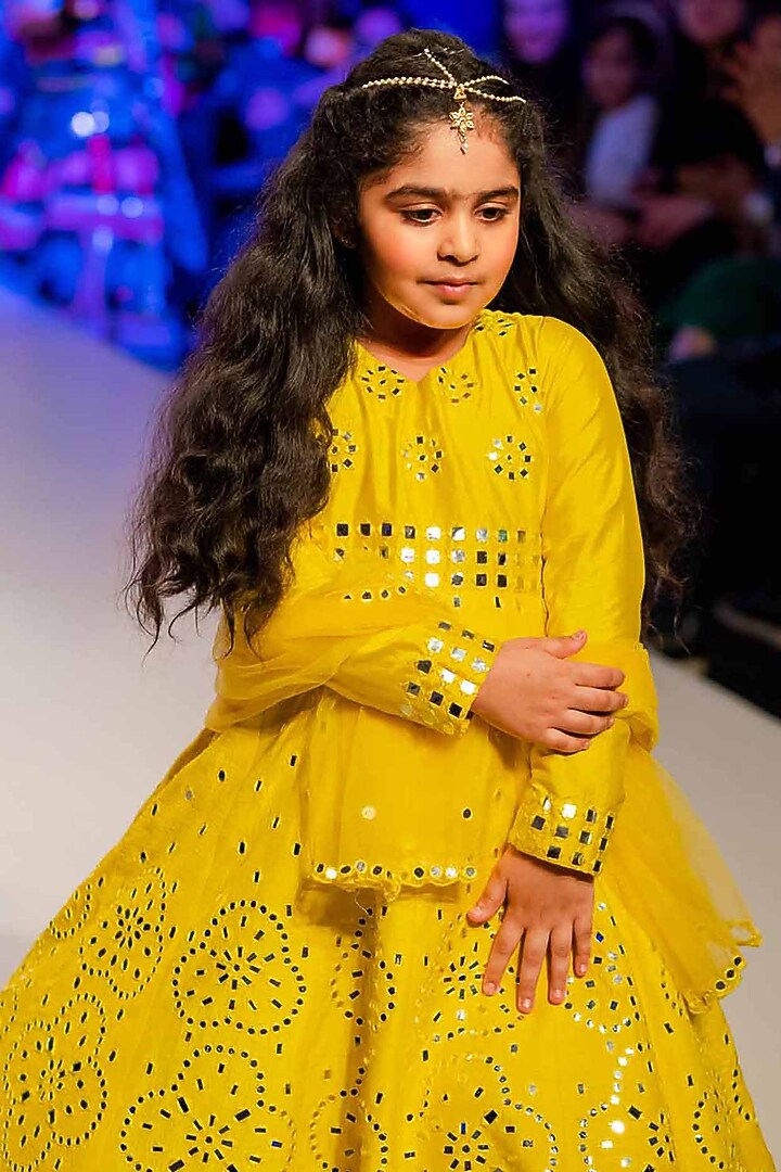 Yellow Raw Silk Mirror Embellished Anarkali Set For Girls by Alyaansh Couture at Pernia's Pop Up Shop