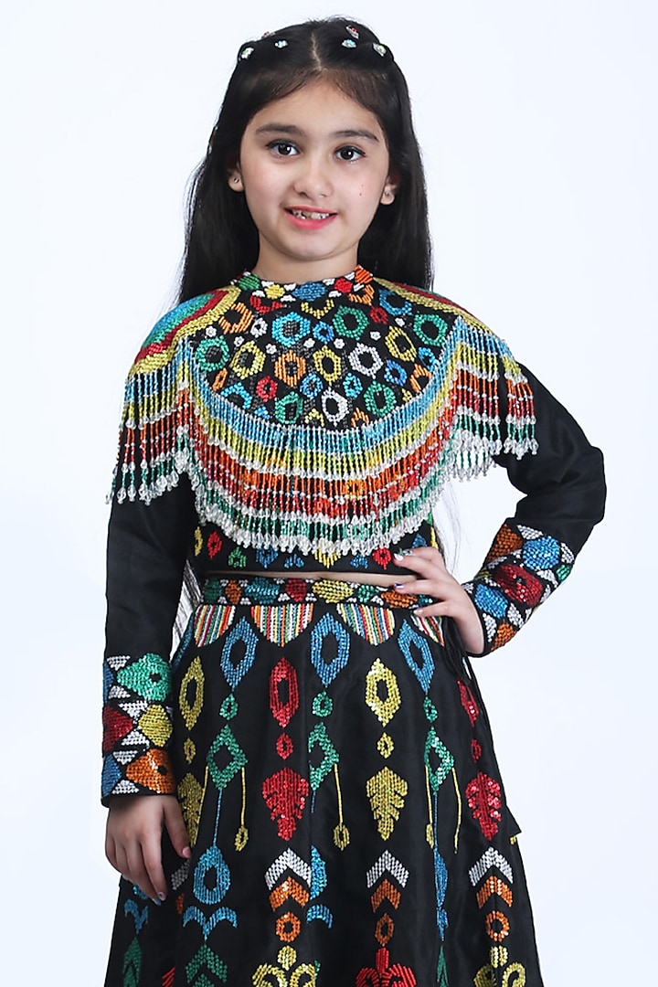 Black Dupion Sequins Embroidered Jacket Lehenga Set For Girls by Alyaansh Couture at Pernia's Pop Up Shop