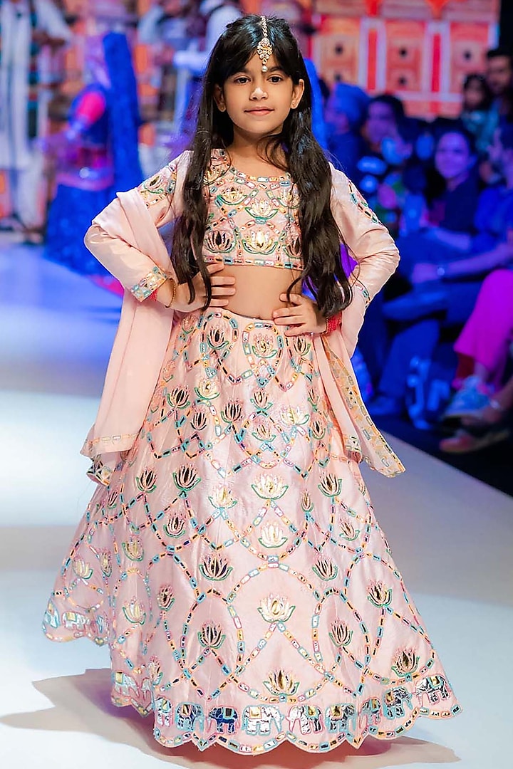 Pink Raw Silk Leather Applique Embroidered Lehenga Set For Girls by Alyaansh Couture at Pernia's Pop Up Shop