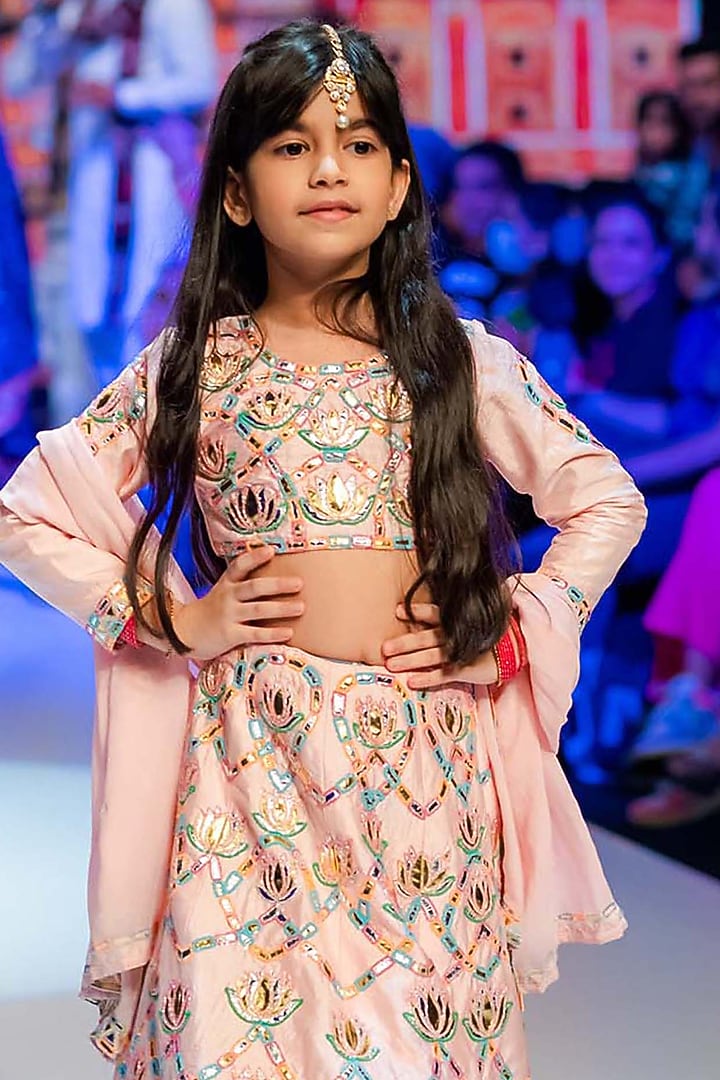 Pink Raw Silk Leather Applique Embroidered Lehenga Set For Girls by Alyaansh Couture at Pernia's Pop Up Shop