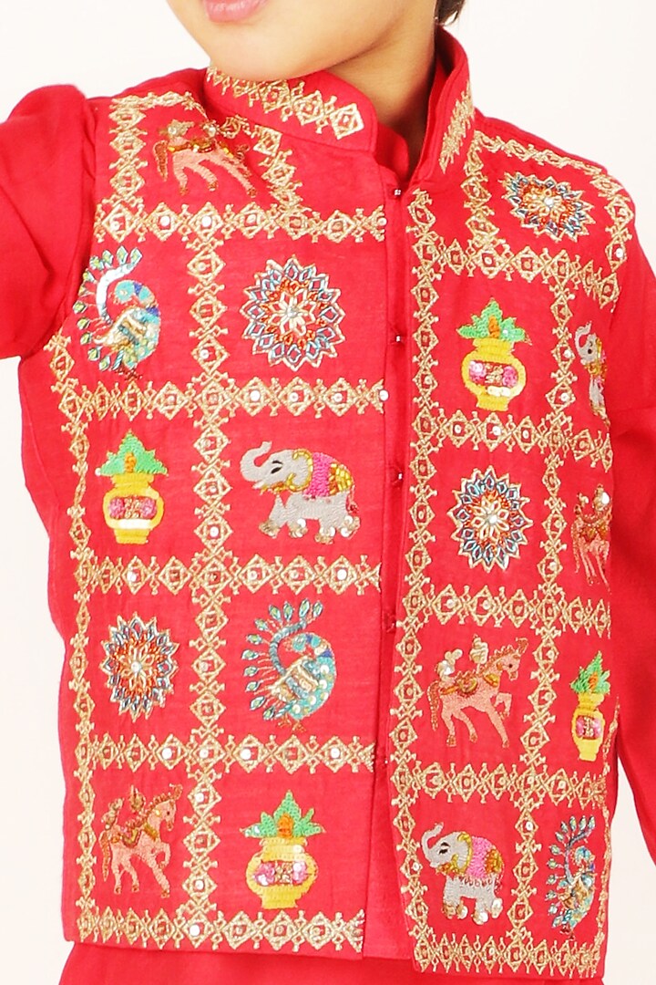 Red Chanderi Gharchola Waistcoat Set For Boys by Alyaansh Couture at Pernia's Pop Up Shop