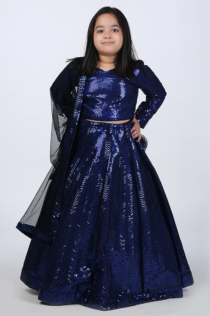 Blue Raw Silk Sequins Embellished Lehenga Set For Girls by Alyaansh Couture at Pernia's Pop Up Shop