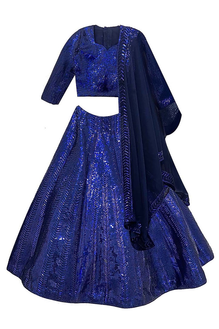 Blue Raw Silk Sequins Embellished Lehenga Set For Girls by Alyaansh Couture at Pernia's Pop Up Shop