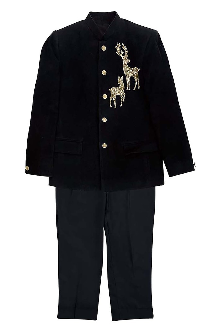 Black Suede Sequins Embroidered Bandhgala Jacket Set For Boys by Alyaansh Couture