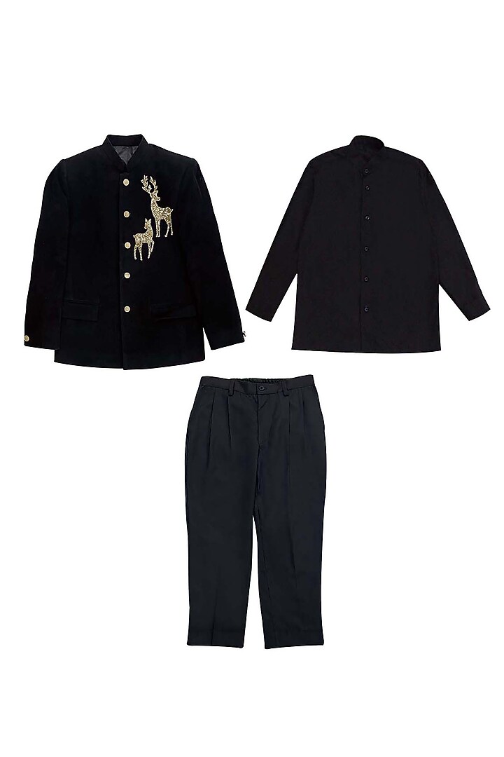 Black Suede Sequins Embroidered Bandhgala Jacket Set For Boys by Alyaansh Couture at Pernia's Pop Up Shop