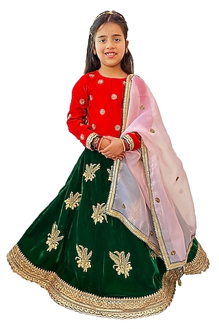 Green Velvet Motifs Embroidered Lehenga Set For Girls by Alyaansh Couture