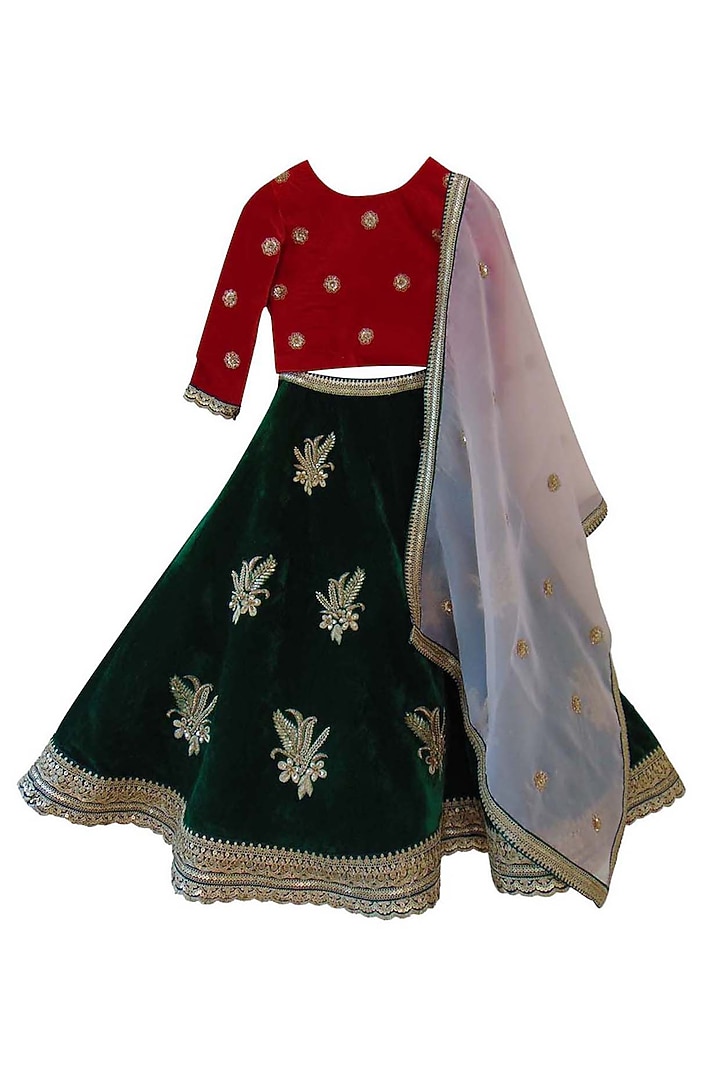 Green Velvet Motifs Embroidered Lehenga Set For Girls by Alyaansh Couture at Pernia's Pop Up Shop
