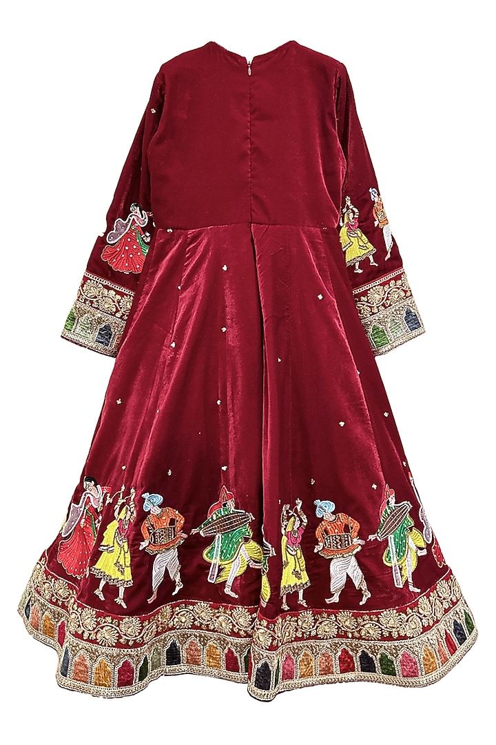 Maroon Velvet Embellished Anarkali Set For Girls by Alyaansh Couture at Pernia's Pop Up Shop